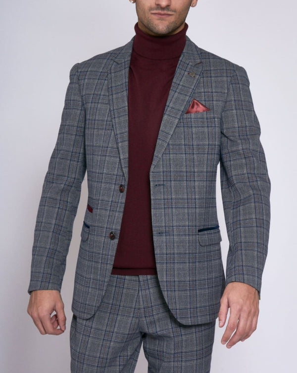 Marc Darcy ENZO Grey Mens Blue Check Tweed Blazer - 34R - Suit & Tailoring
