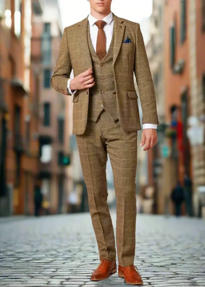Marc Darcy Ted Men's Piece Tan Slim Fit Tweed Suit - Main Image