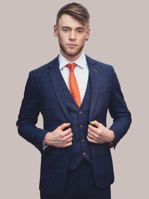 Barucci Bruno Men’s Navy Slim Fit Tweed 3 Piece Suit - Suits