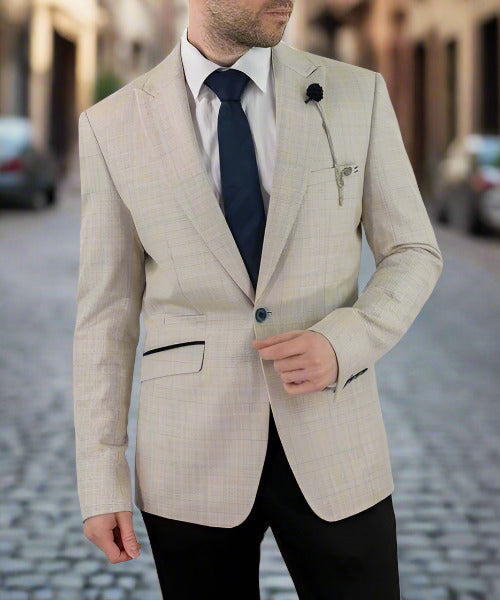 Cavani Caridi Mens Cream Slim Fit Tweed Check Caridi Blazer - 36R - Suit & Tailoring
