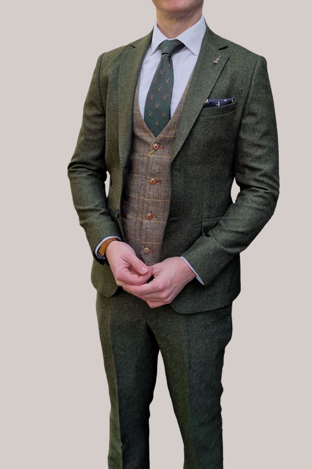 Green Mens Herringbone Suit StudioSuits- Bottle Green Herringbone