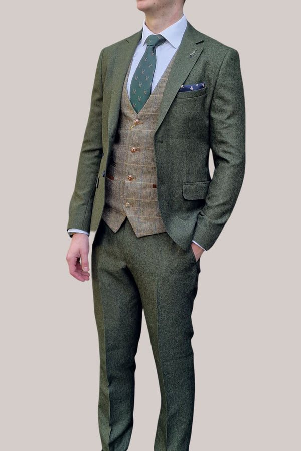 Fratelli Robbie Men’s Green Tweed Suit with Marc Darcy Ted Tan Tweed Waistcoat - Suits