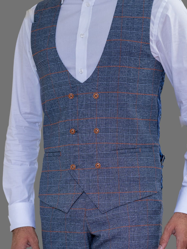 Marc Darcy Jenson Men’s Sky Blue Check Double Breasted Waistcoat - 34R | EU44 - Suit & Tailoring