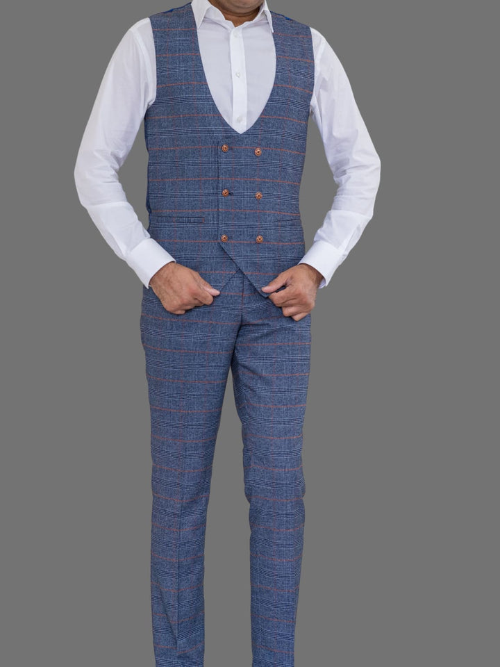Marc Darcy Jenson Men’s Sky Blue Check Double Breasted Waistcoat - Suit & Tailoring