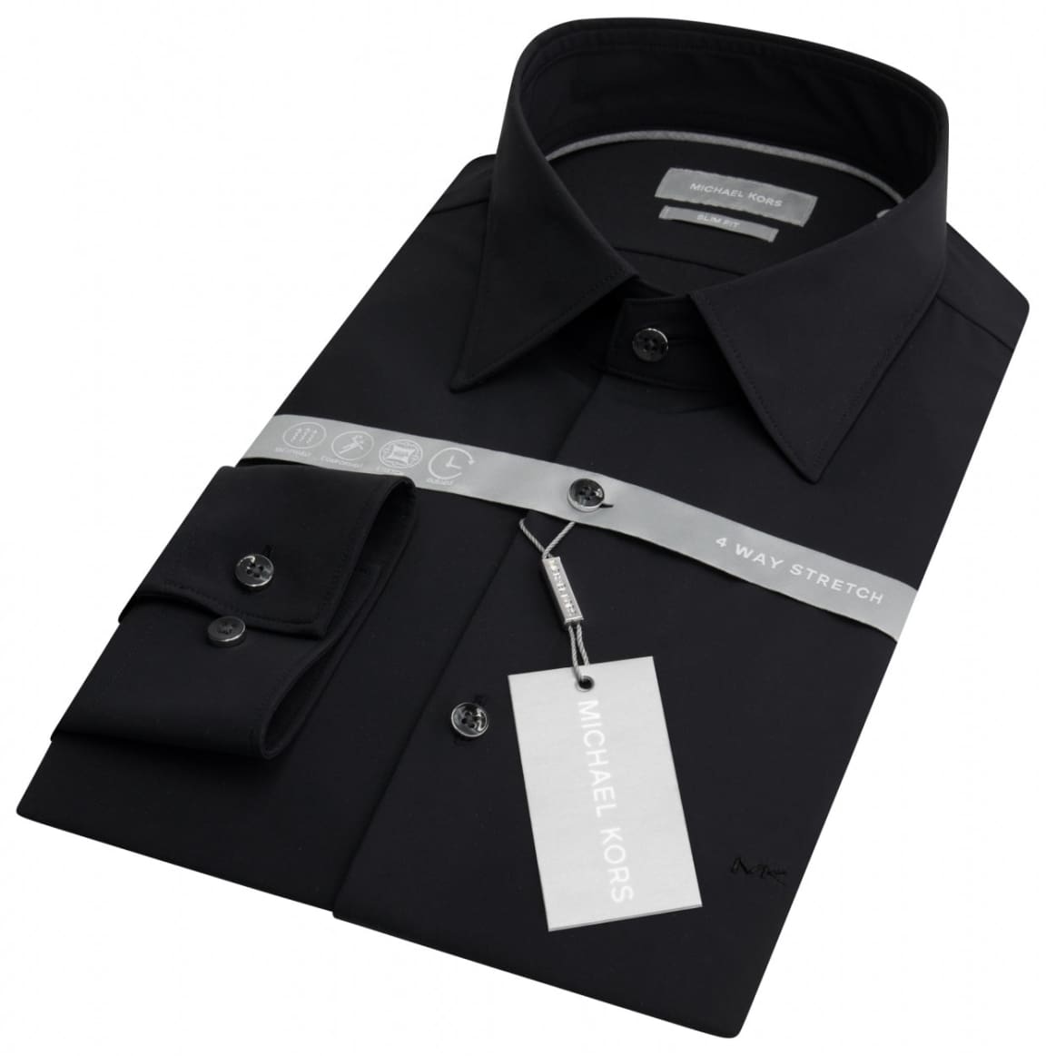 Michael Kors | Michael Kors Men's Raleigh Black Performance Premium Stretch Slim Shirt - MENSWEARR 15.5" Michael Kors | Michael Kors Men's Raleigh Black Performance Premium Stretch Slim Shirt - MENSWEARR 15.5"