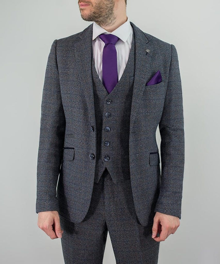 Tweed Suit Blue Burnaby 3 Piece Slim Fit Check by House of Cavani - Suit & Tailoring