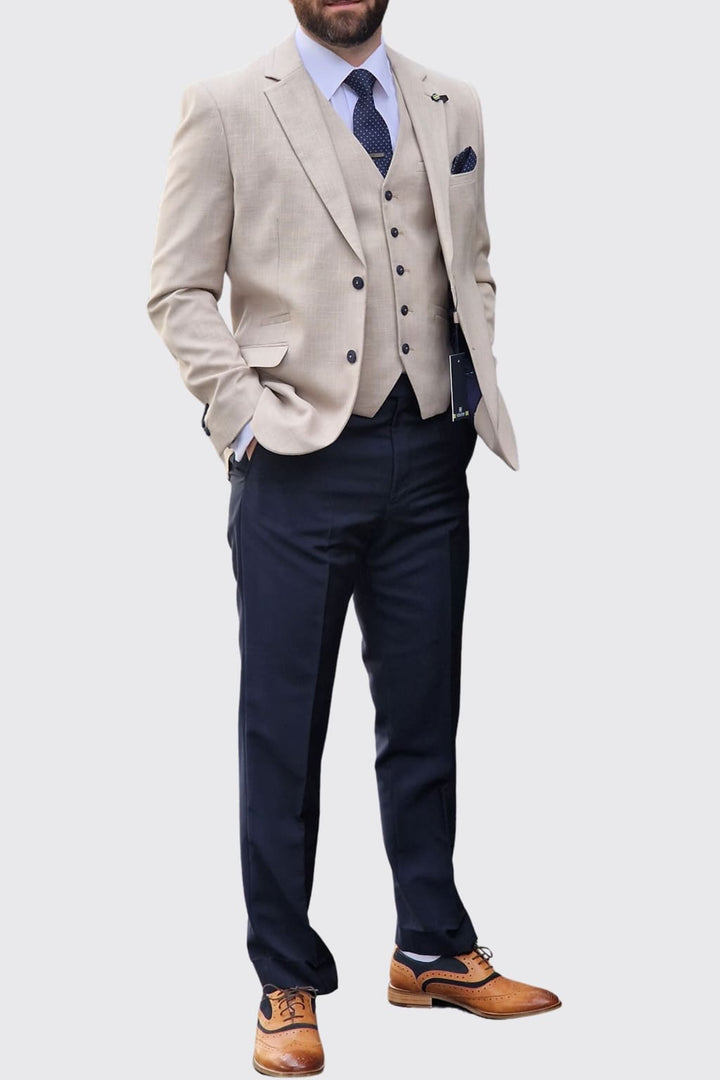 Cavani Miami Beige Three Piece Suit with Navy Trousers - Suits