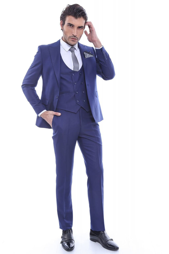 Men’s Blue Diamond Pattern 3-Piece Suit Size 38R with 32R Trousers - Suits