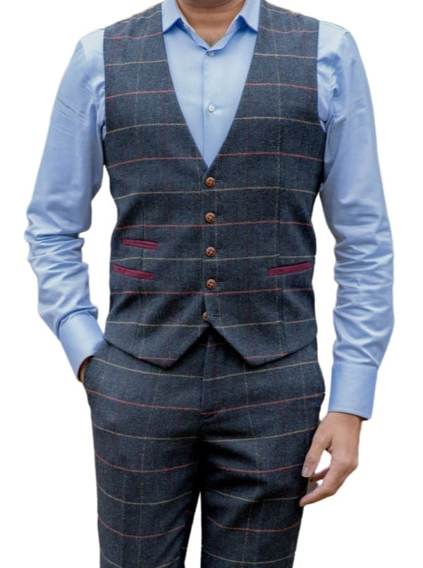 Barucci Leo Men’s Navy Slim Fit Tweed Waistcoat - Coats & Jackets