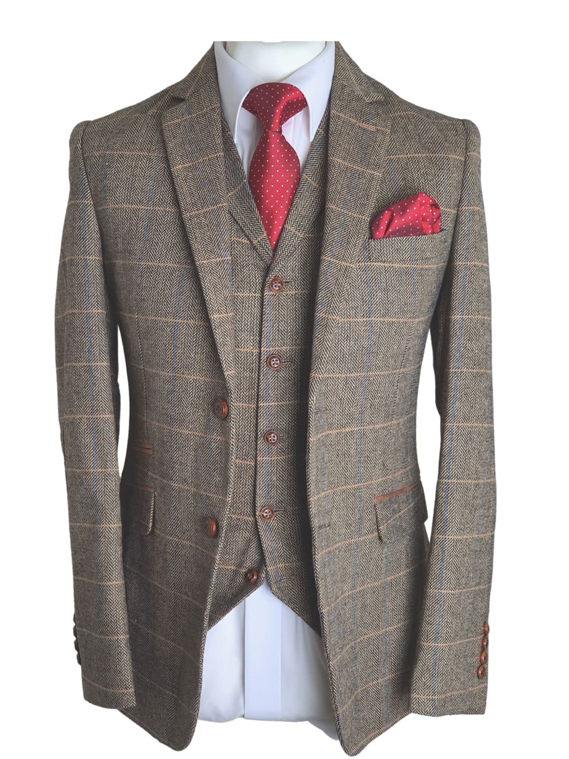 MANZINI PARIS-2 Men's 3-Piece Tailored Fit Plaid Business Suit Burgundy main image 1