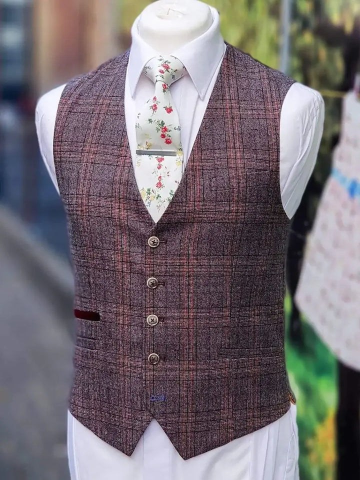 Cavani Brendan Men’s 3 Piece Wine Slim Fit check Suit - Suits
