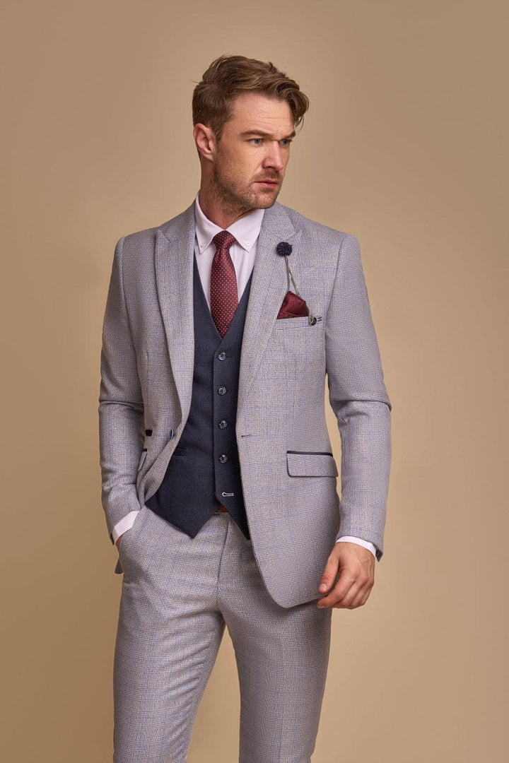 Cavani Caridi Men’s Sky Suit With Navy Waistcoat Tweed Three Piece - & Tailoring
