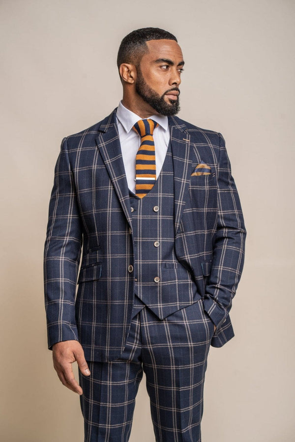 Cavani Hardy Navy Slim Fit Checked Blazer - 34 - Suit & Tailoring