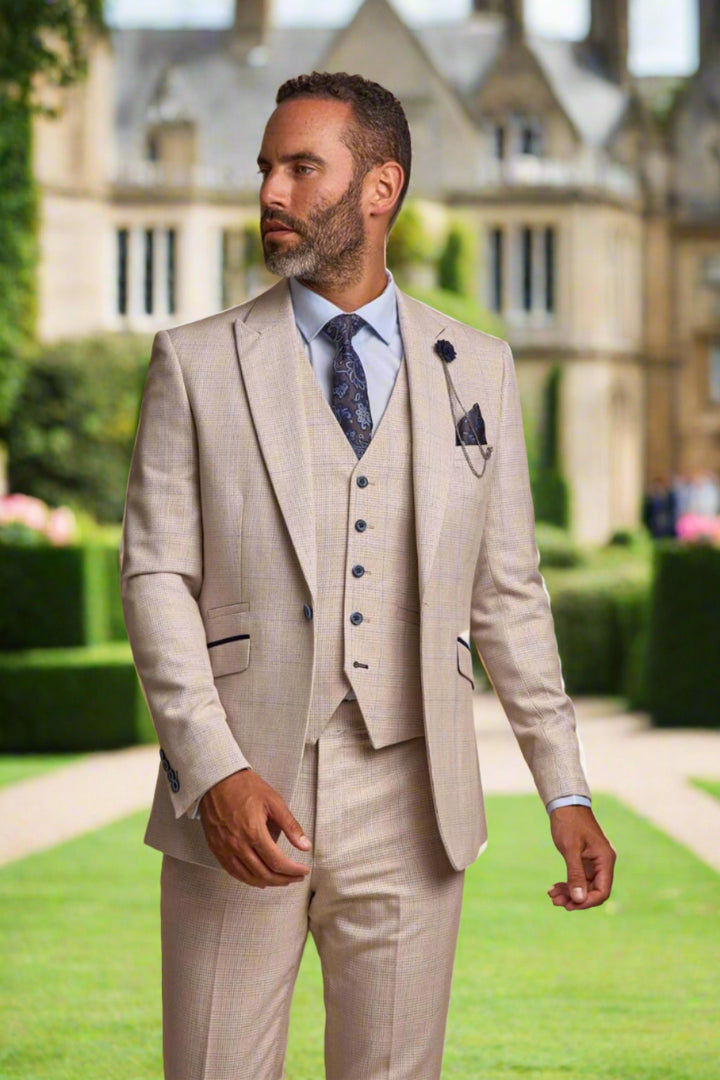 Men's Cream Three Piece Slim Fit Cavani Caridi Suit for Weddings and Race Days