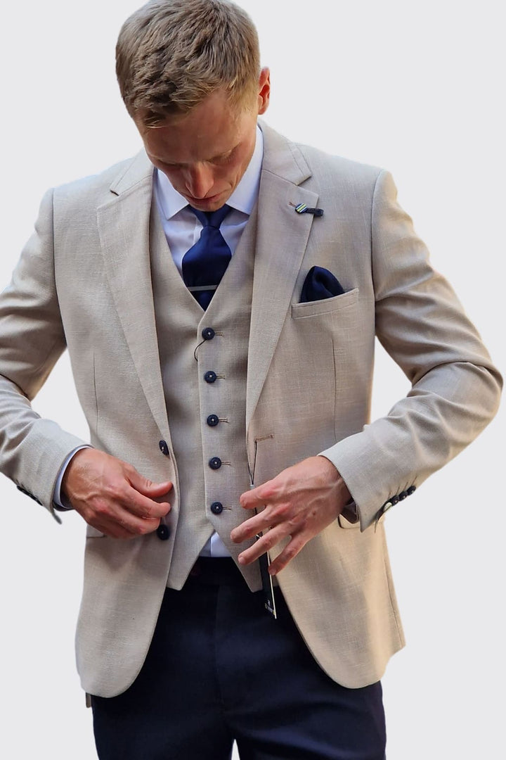 Cavani Miami Beige Three Piece Suit with Navy Trousers - Suits