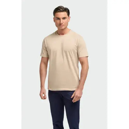 Cavani Sanchez Pure Cotton Stretch Fit Crew Neck T-Shirt - MENSWEARR.COM - Beige / S - Cavani Suits | Tweed Suits Blazers Waistcoats