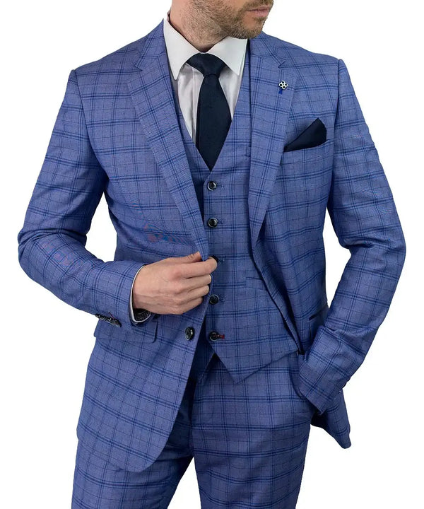 Cavani Tamara Blue Check Tailored Fit 3-Piece Suit Size 36R with 32R Trousers - Suit & Tailoring