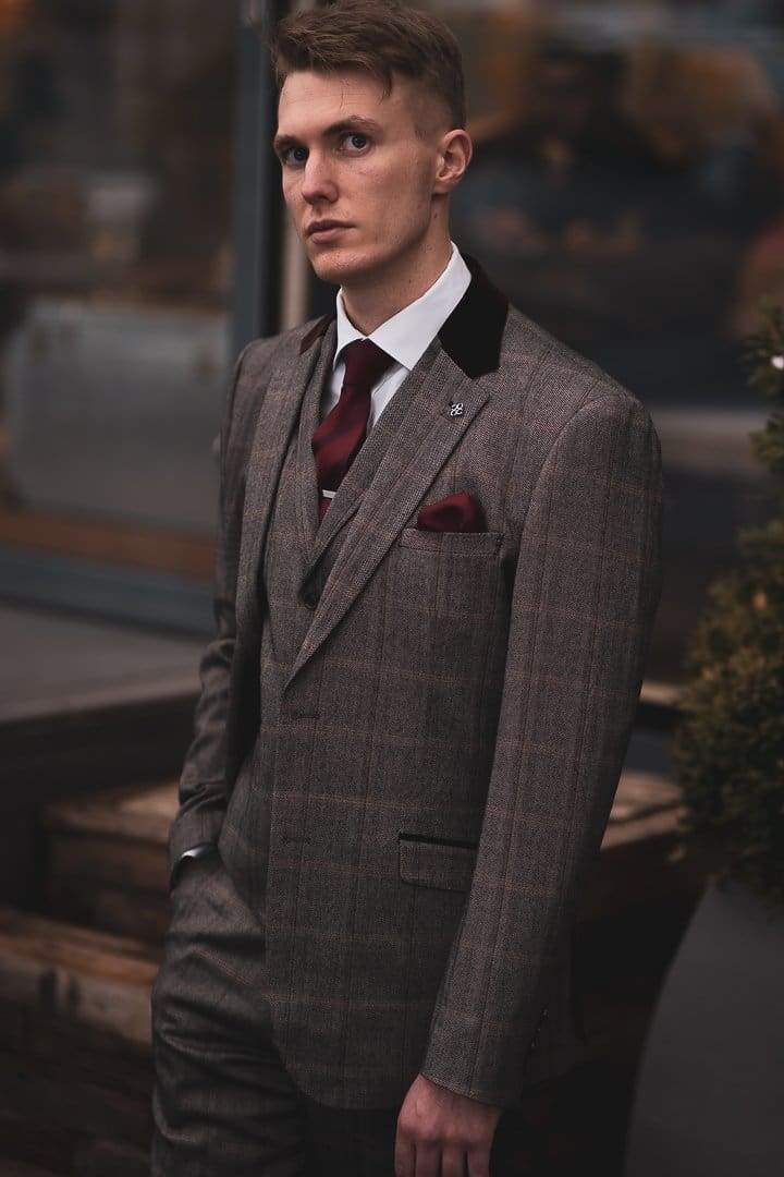 Tweed Brown Suit Connall 3 Piece Slim Fit Check by House of Cavani - Suit & Tailoring