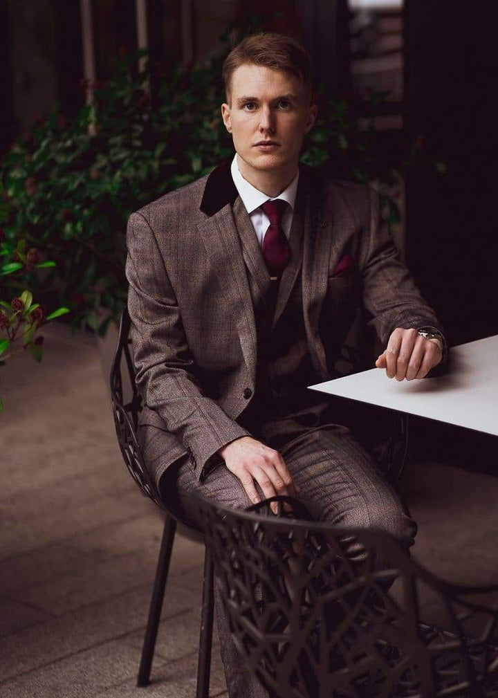 Tweed Brown Suit Connall 3 Piece Slim Fit Check by House of Cavani - Suit & Tailoring