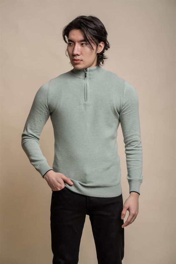 Cavani Men’s Kyle Almond Green Half-Zip Knitwear - S - Shirts