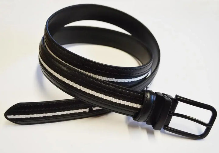 LA Smith Black Coloured Leather Striped Belt - Medium - Accessories
