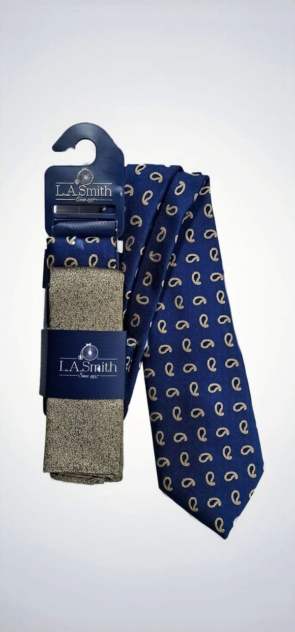 LA Smith Blue And Yellow Paisley Tie And Hank Set - Accessories