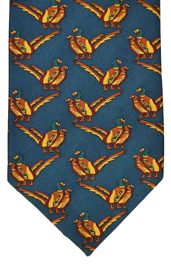 LA Smith Country And Hobby Double Pheasant Print Silk Ties - Blue Accessories