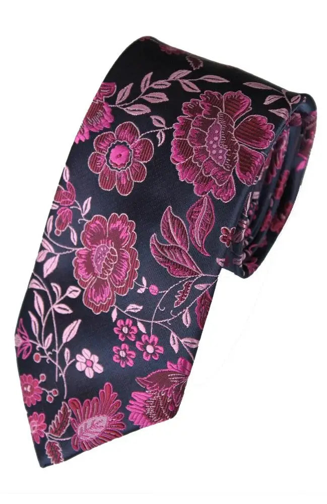 LA Smith Floral Woven Wedding Poly Ties - Pink Navy - Accessories