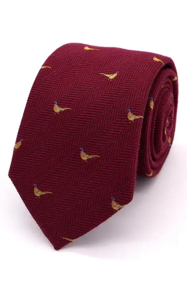 LA Smith Herringbone Pheasant Silk Tie - Gold On Burgundy Accessories
