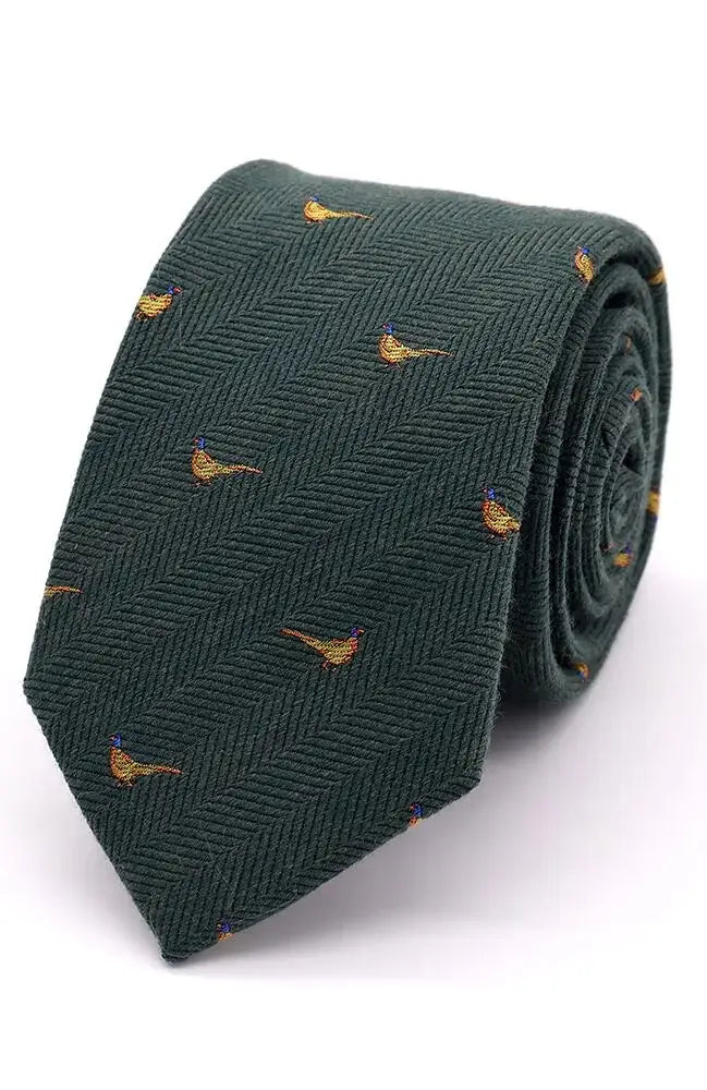LA Smith Herringbone Pheasant Silk Tie - Gold On Green Accessories