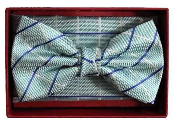 L A Smith Aqua Check Silk Bow Tie And Hank Set - Accessories