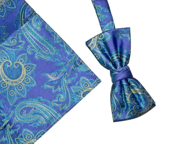 L A Smith Blue Yellow Paisley Silk Bow Tie And Hank Set - Accessories