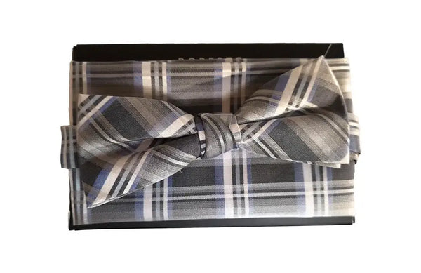 L A Smith Grey Blue Slim Silk Bow Tie And Hank Set - Accessories