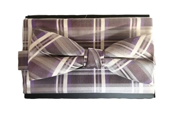 L A Smith Grey Lilac Slim Silk Bow Tie And Hank Set - Accessories
