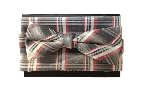 L A Smith Grey Red Slim Silk Bow Tie And Hank Set - Accessories