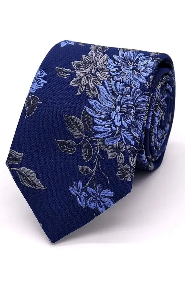 LA Smith Large Flower Woven Wedding Poly Ties - Blue On Navy - Accessories