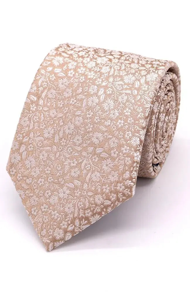 LA Smith Micro Floral Woven Wedding Poly Ties - Silver On Champagne - Accessories