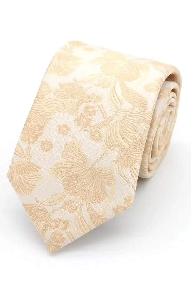 LA Smith Structured Floral Woven Wedding Poly Ties - Gold On Ecru - Accessories