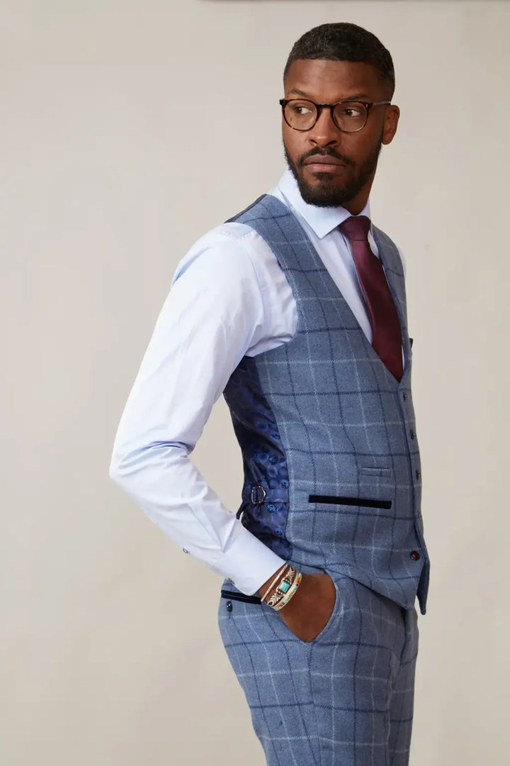 Marc Darcy Clinton Blue Tweed Waistcoat - MENSWEARR.COM - Men’s Waistcoats