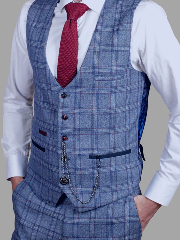 Marc Darcy Clinton Men’s Blue Tweed Check Waistcoat - Suit & Tailoring