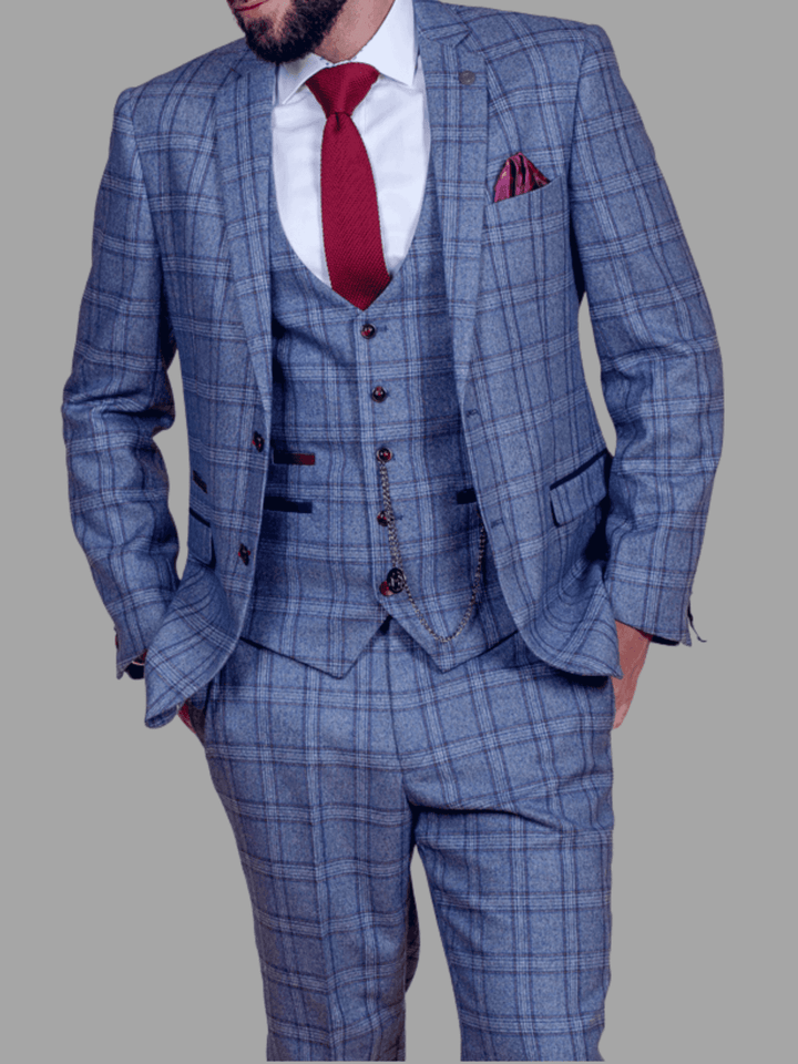 Marc Darcy Clinton Men’s Blue Tweed Check Waistcoat - Suit & Tailoring