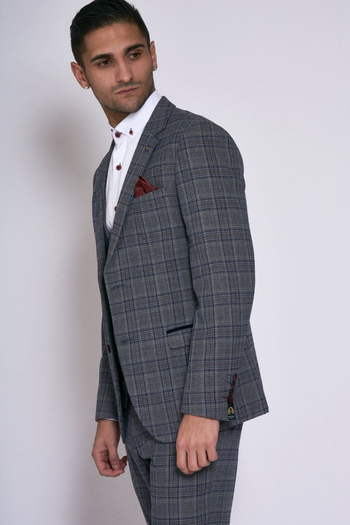 Marc Darcy ENZO Grey Mens Blue Check Tweed Blazer - Suit & Tailoring