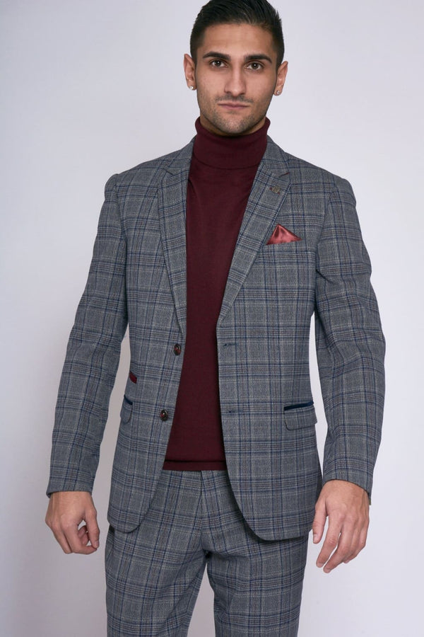 Marc Darcy ENZO Grey Mens Blue Check Tweed Blazer - 34R - Suit & Tailoring