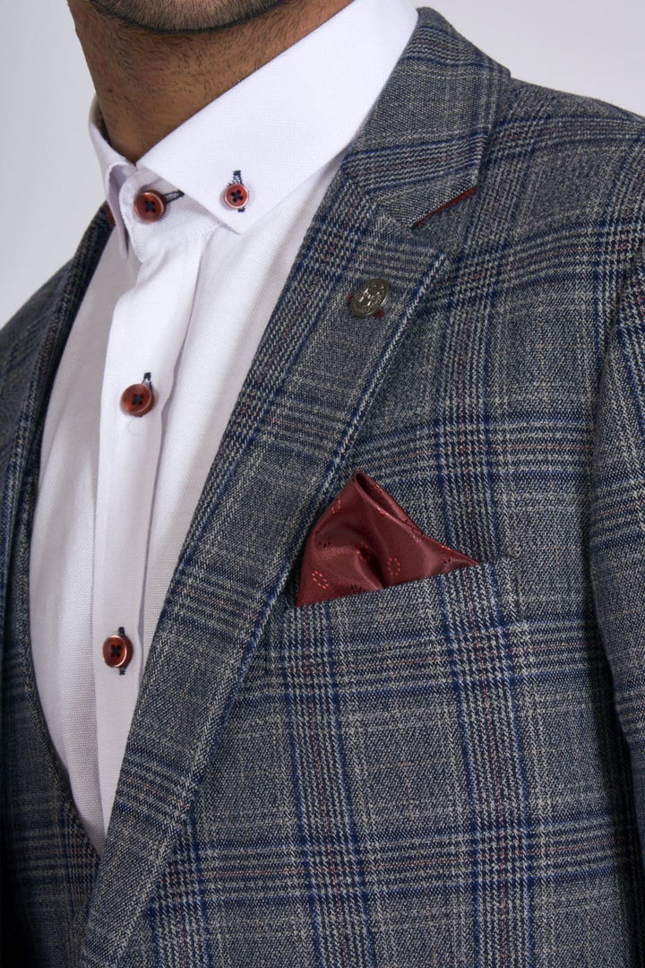 Marc Darcy ENZO Grey Mens Blue Check Tweed Blazer - Suit & Tailoring