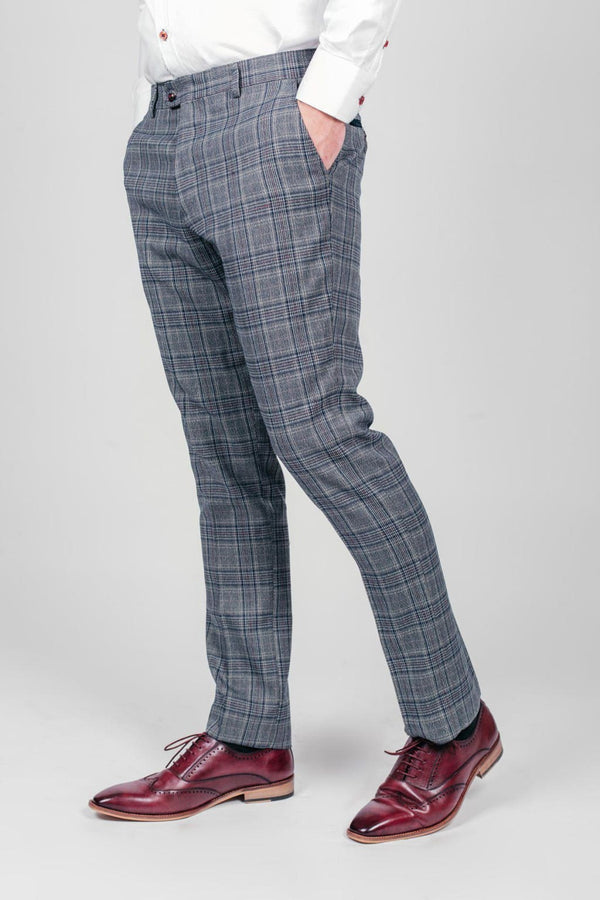 Marc Darcy ENZO Grey Men’s Blue Check Tweed Trousers - 28S - Trousers