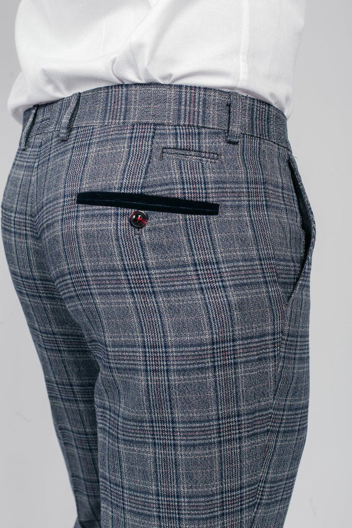 Marc Darcy ENZO Grey Men’s Blue Check Tweed Trousers - Trousers