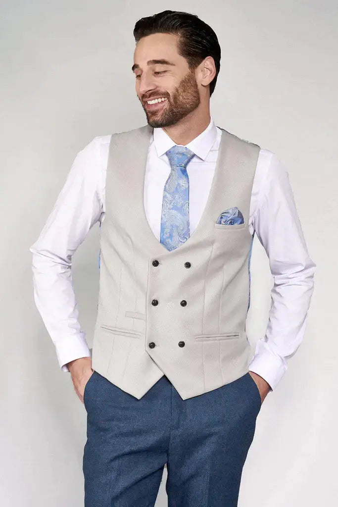 Marc Darcy Kelvin Men’s Stone Double Breasted Waistcoat - Suit & Tailoring