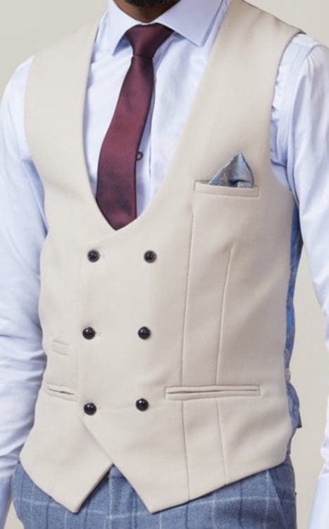 Marc Darcy Kelvin Men’s Stone Double Breasted Waistcoat - 34R | EU44 - Suit & Tailoring