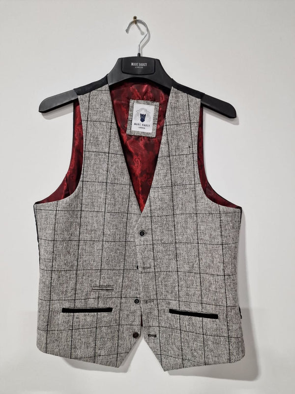 Marc Darcy Len Jose Grey Black Check Tweed Single Breasted Waistcoat - 34R - WAISTCOATS
