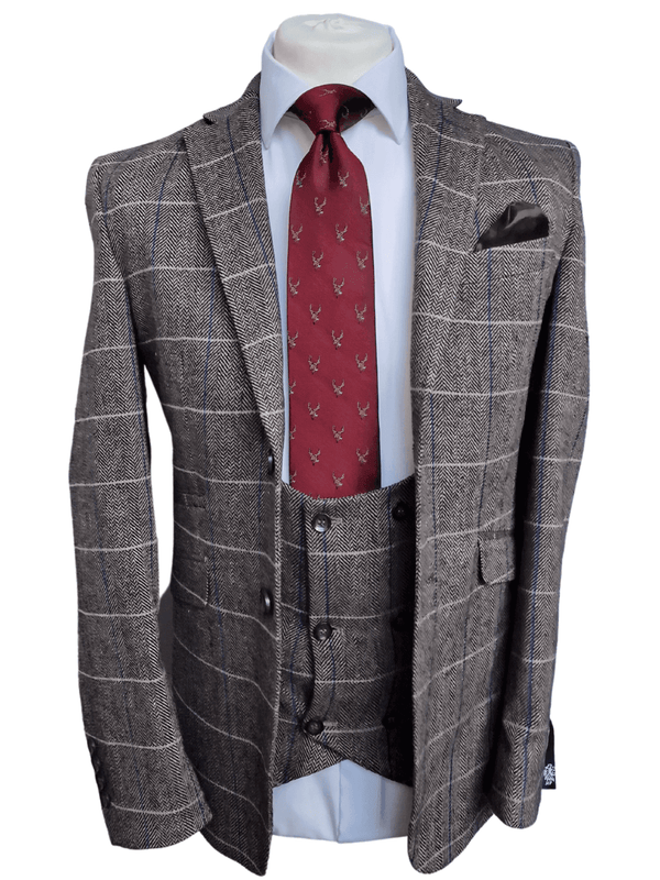 Grey Tweed Herringbone Check Size 38R with 32R Trousers - Suits